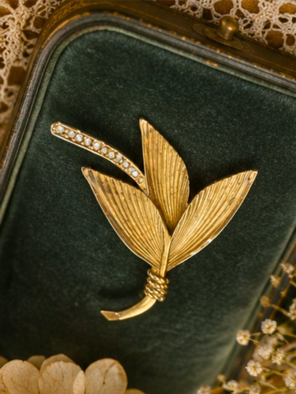 Vintage Gold Tone Botanical Leaf Brooch with Rhinestone Embellishment